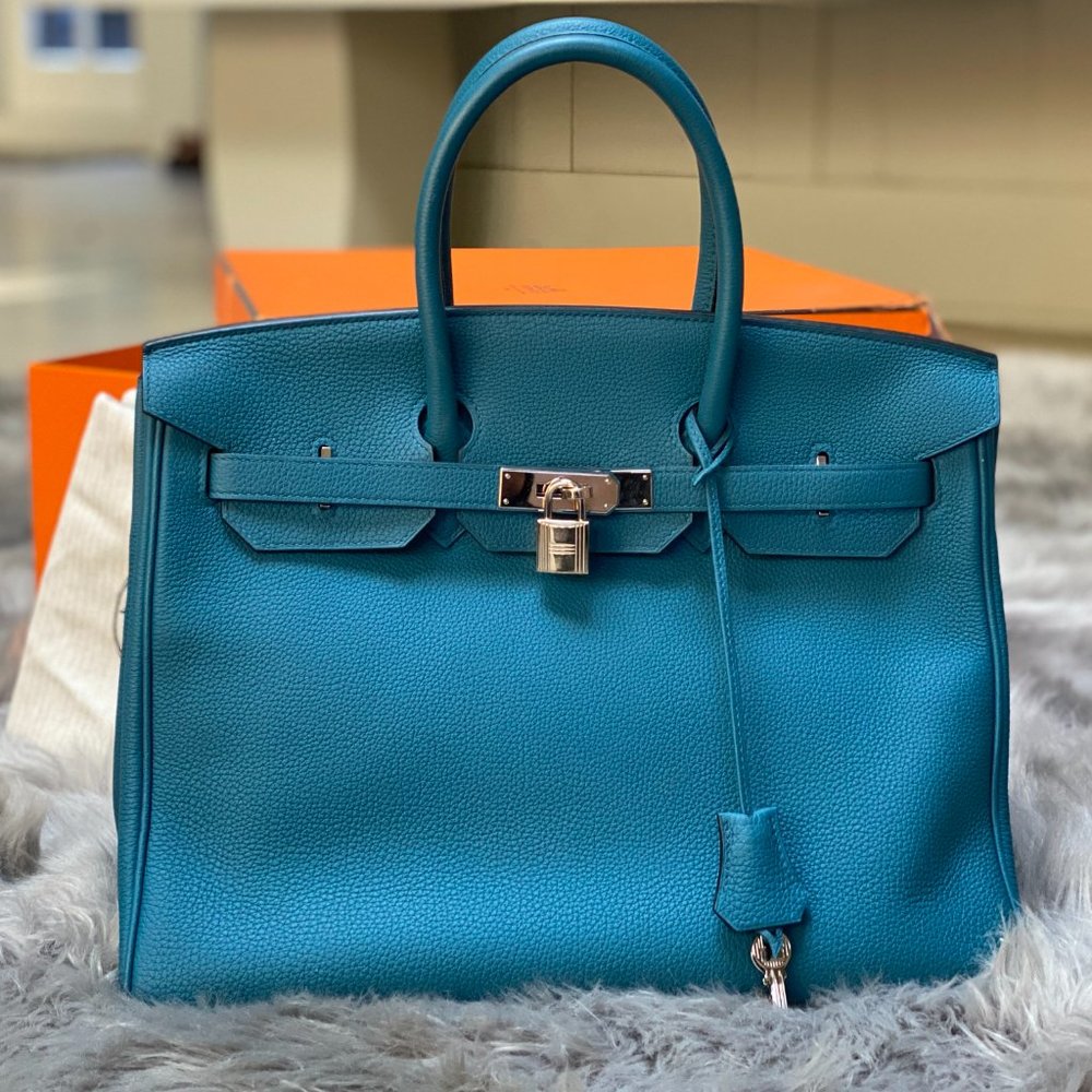 Hermes Birkin Colvert/Blue Togo 35 Blue Leather Tote